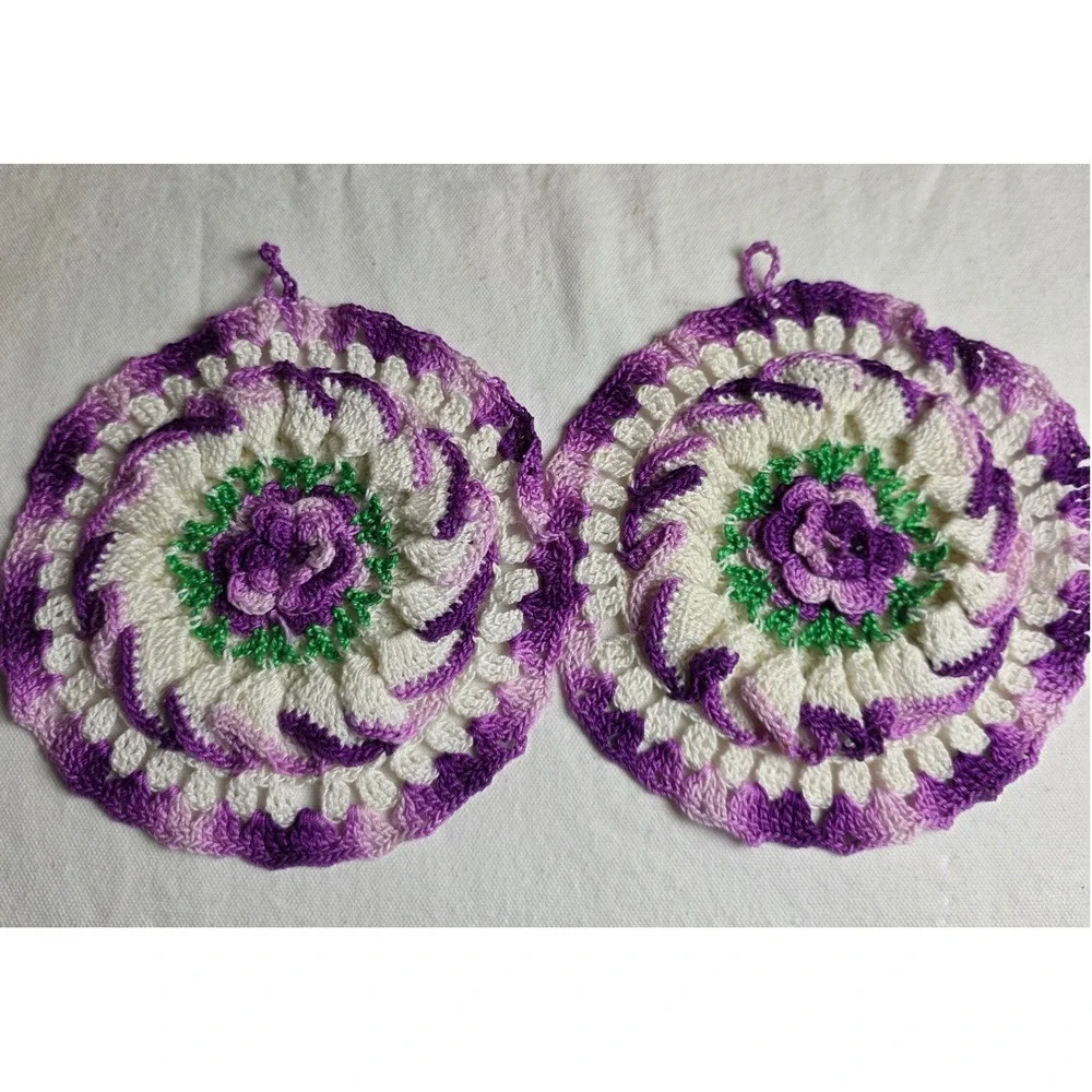 Handmade Crochet Potholders Set of 2 Purple White Floral Rose Pinwheel Hot Pads